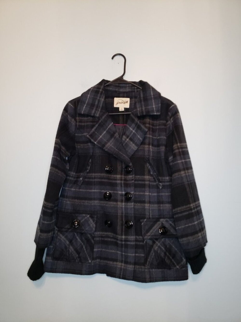 Grane Women M Winter Pea Coat Dark Gray Plaid Double Breasted Pocket Wool Blend